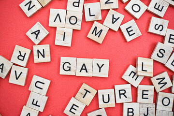 Gay word on wooden cube blocks on with letters all around. Concept