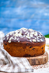 Panettone is the traditional Italian dessert for easter in 2021. Homemade panettone covered in chocolate and sprinkles. Bread served as dessert.