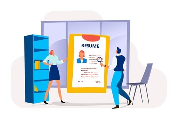 Businesswoman hold summary profile, male human resources specialist view employee resume flat vector illustration, isolated on white.