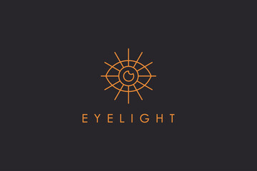 Abstract Eye Vision Logo. Monoline Vintage Eye with Geometric Radial Rays of Sunburst  isolated on Black Background. Usable for Business and Branding Logos. Flat Vector Logo Design Template Element.