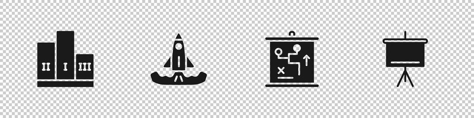 Set Award over winner podium, Rocket, Planning strategy concept and Chalkboard icon. Vector