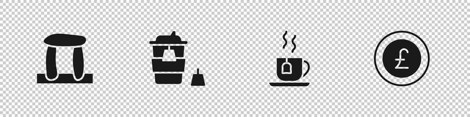 Set Stonehenge, Coffee cup go, Cup tea with tea bag and Coin money pound icon. Vector