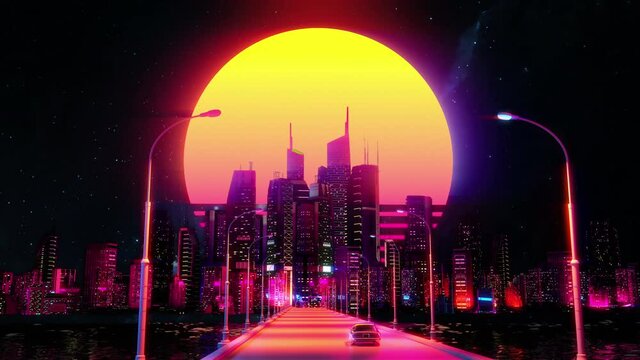 Car riding on pier, large moon above night city animation, retrowave, synthwave
