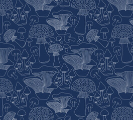 Seamless mushroom print, blue and white.