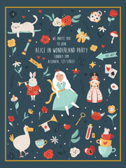Party invitation with characters and symbols of Alice in Wonderland © danceyourlife