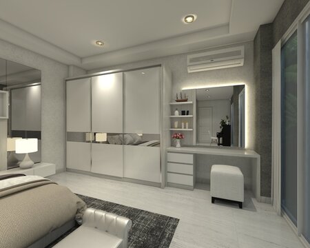 Interior bedroom using Minimalist wardrobe clothes and dressing table with mirror panel. 3d rendering, 3d illustration.