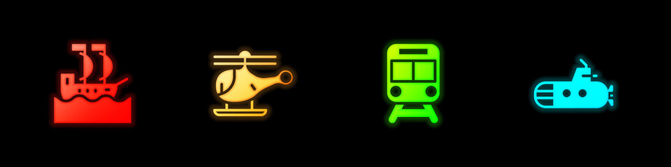 Set Sailboat, Helicopter, Train and railway and Submarine icon. Vector
