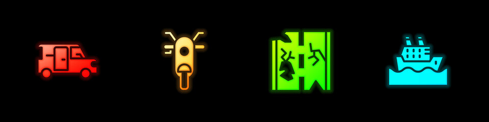 Set Minibus, Scooter, Broken road and Cruise ship icon. Vector