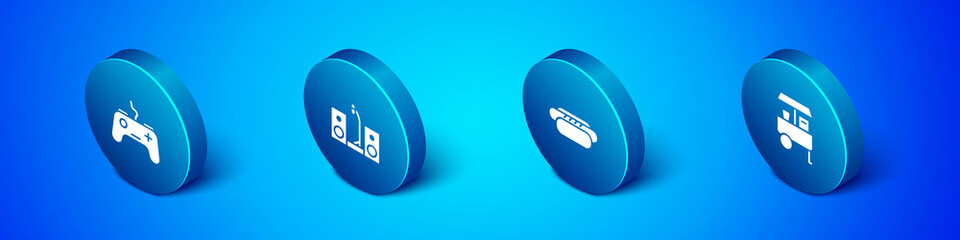Set Isometric Gamepad, Hotdog, Fast street food cart and Home stereo with two speakers icon. Vector