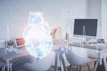 Double exposure of heart drawing and office interior background. Concept of medical education.