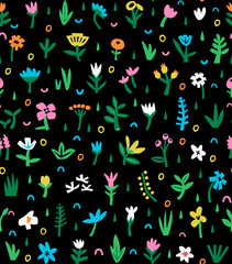 Seamless pattern with abstract bright flowers on a black background. Geometric flowers for trending designs. Vector print with colorful floral elements in collage style. Stock vector illustration.