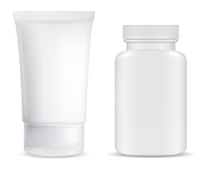 Cream tube, supplement pill bottle mockup, white glossy jar illustration blank. Ointment tube pharmacy remedy template. Realistic capsule jar, tablet cure, pharmaceutical prescription medicament