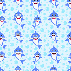 Seamless pattern with cute smilling baby shark with bubble  on blue background.