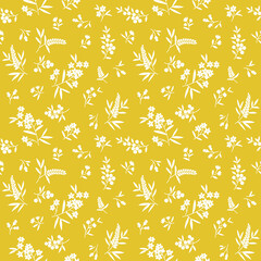Vector seamless pattern. Pretty pattern in small flowers. Small white flowers. Gold yellow background. Ditsy floral background. The elegant the template for fashion prints. Stock vector.