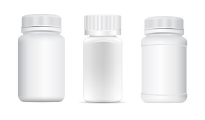 Pill tub. Supplement bottle mockup, capsule jar, small container sample 3d vector. Remedy bottle, pharmacy product with lid. Antibiotic tablet jar, remedy bottle design, matte plastic package