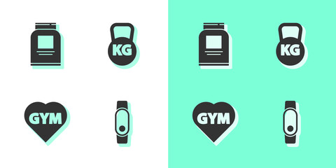 Set Smartwatch, Sports nutrition, Fitness gym heart and Kettlebell icon. Vector