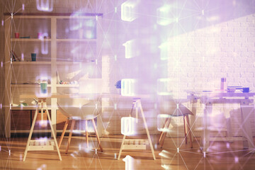 Multi exposure of data theme drawing and office interior background. Concept of technology.
