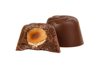 Milk chocolate candy sweet with nut isolated on the white background
