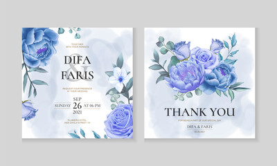 Wedding invitation card template with beautiful blue flowers