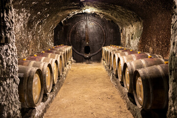 wine cellars with barrels, traditional wine called Bikaver near Eger, Hungary