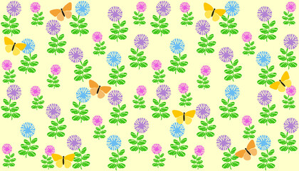 Summer background with red and blue flowers and yellow butterflies