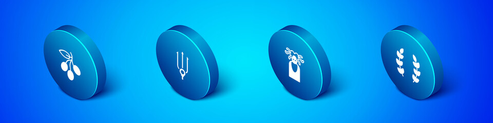 Set Isometric Olives branch, Medusa Gorgon, Laurel wreath and Neptune Trident icon. Vector