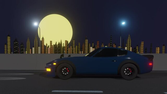 Retro-futuristic 80s style drive with night city background. Moving car on a highway road. VJ synthwave looping 3D animation for music video. 