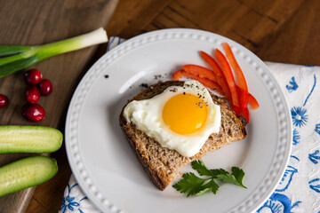 Morning breakfast toast with egg in the shape of a Christmas tree, homemade sourdough bread, parsley, cucumbers, and green onions.