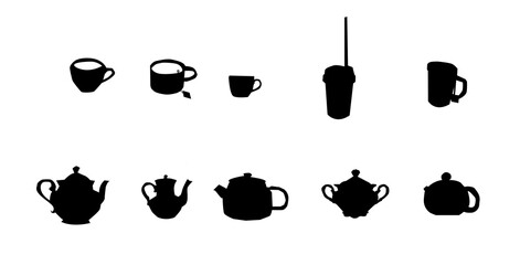 Set di icone nere teiere, tazze, tazzine, bicchieri
