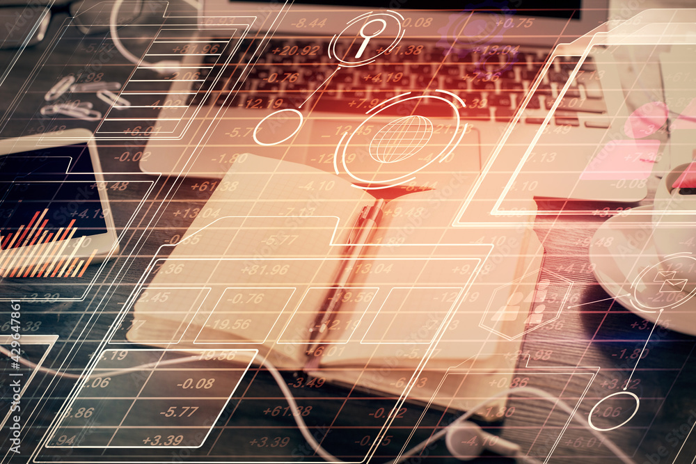 Poster multi exposure of data theme drawings and desk with open notebook background. concept of education
