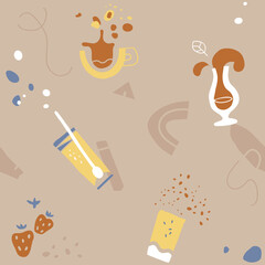 Hand-drawn drinks. Seamless pattern. Flat style with lines and dots, geometric shapes. Perfect for textile prints, home decor. Kitchen, bar, cafe