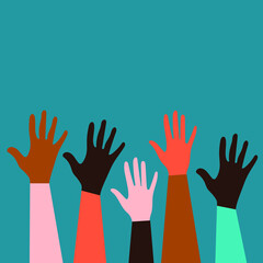 Hands of people of different nationalities and religions. Feminism concept design for cards, posters with blue background. Activists stick together. Voting in elections. Vector graphics.