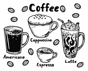 Hot coffee in the cup. Americano, espresso, cappuccino, latte with thick foam and cinnamon stick. Hand drawn isolated illustration set with the inscription on a white background