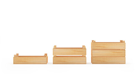 Wooden boxes or pallets of different sizes. 3D illustration 