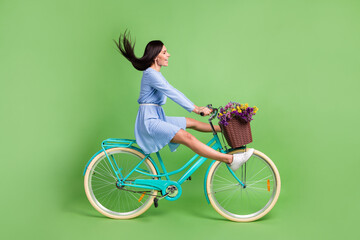 Photo of hurrying funky young woman dressed blue outfit driving bike looking empty space isolated...