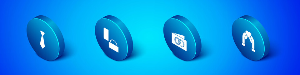 Set Isometric Tie, Greeting card, Wedding arch and Diamond engagement ring icon. Vector