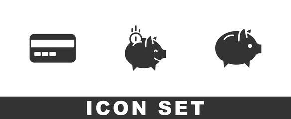 Set Credit card, Piggy bank with coin and icon. Vector