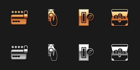Set Credit card with lock, Fast payments, Inserting coin and Treasure chest icon. Vector