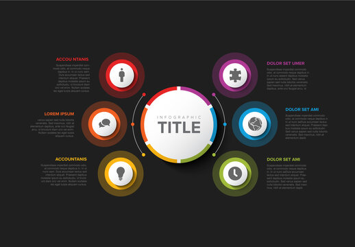 Simple Dark Infographic with Big Center Circle and Six Small Icon Elements
