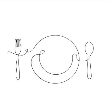 Hand Drawn Doodle Fork Plate And Spoon Illustration In Continuous Line Art Style Vector