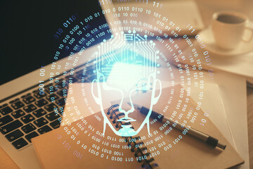 Double exposure of brain drawing and desktop with coffee and items on table background. Concept of...
