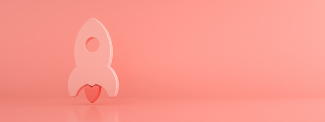 Start up and minimal concept, rocket over pink background, 3d render, panoramic mock-up image