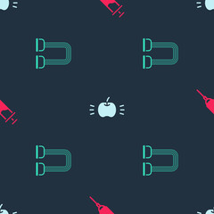 Set Doping syringe, Apple and Chest expander on seamless pattern. Vector