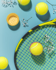 Holliday sport composition with yellow tennis balls and racket on a blue background of hard tennis court. Sport and healthy lifestyle. The concept of outdoor game sports. Flat lay - obrazy, fototapety, plakaty