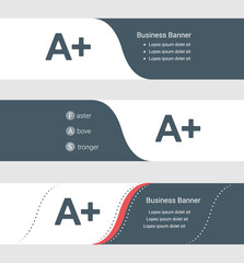 Set of blue grey banner, horizontal business banner templates. Banners with template for text and A plus symbol. Classic and modern style. Vector illustration on grey background