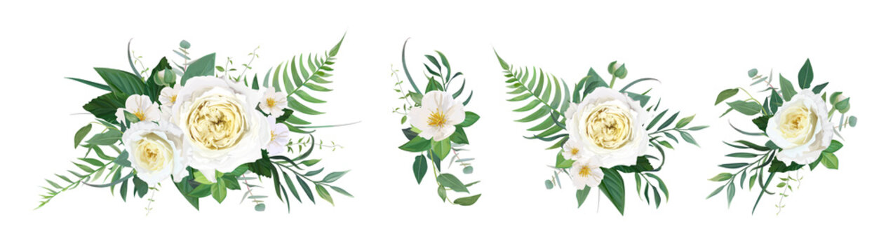 Vector floral bouquet watercolor illustration. Yellow garden rose, white camellia flower, green tropical eucalyptus leaves, fern, ranunculus illustration. Elegant editable wedding designer element set