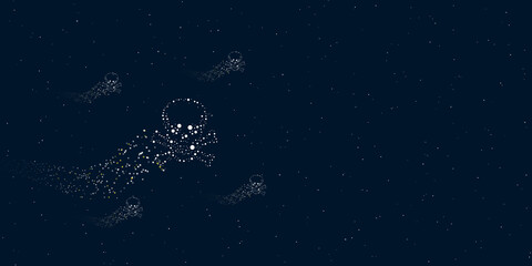A skull filled with dots flies through the stars leaving a trail behind. Four small symbols around. Empty space for text on the right. Vector illustration on dark blue background with stars