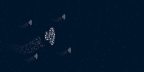 Fototapeta na wymiar A speaker symbol filled with dots flies through the stars leaving a trail behind. Four small symbols around. Empty space for text on the right. Vector illustration on dark blue background with stars