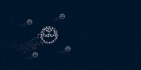 Obraz na płótnie Canvas A laughter smiley symbol filled with dots flies through the stars leaving a trail behind. There are four small symbols around. Vector illustration on dark blue background with stars
