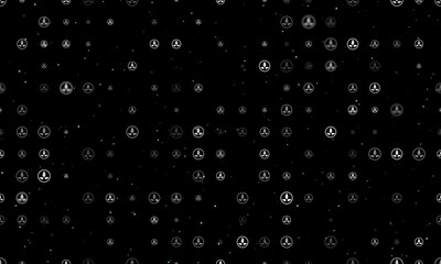 Seamless background pattern of evenly spaced white ecology symbols of different sizes and opacity. Vector illustration on black background with stars